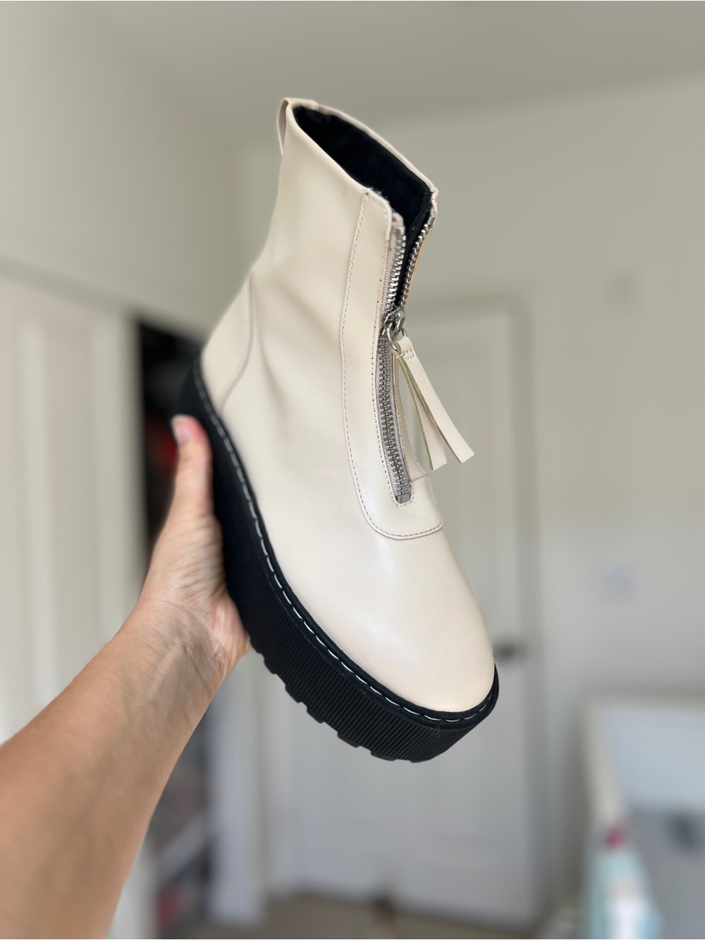 H&M Off-White Zip Front Platform Vegan Leather Ankle Boot